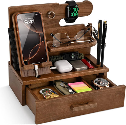 TESLYAR Wood Phone Docking Station with Drawer - Nightstand Organizer - Desk Organizer for Husband - Birthday Gifts for Men, Dad, Anniversary Idea, Key Holder Stand Watch & Accessories (Antique Brown)