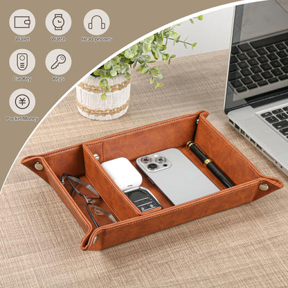 Deluxe Leather Tray Desktop Storage Organizer Watch Remote Control Jewelry Cell Phone Wallet Keychain Desktop Storage for Home, Camping Unique Gift Ideas for Men and Friends
