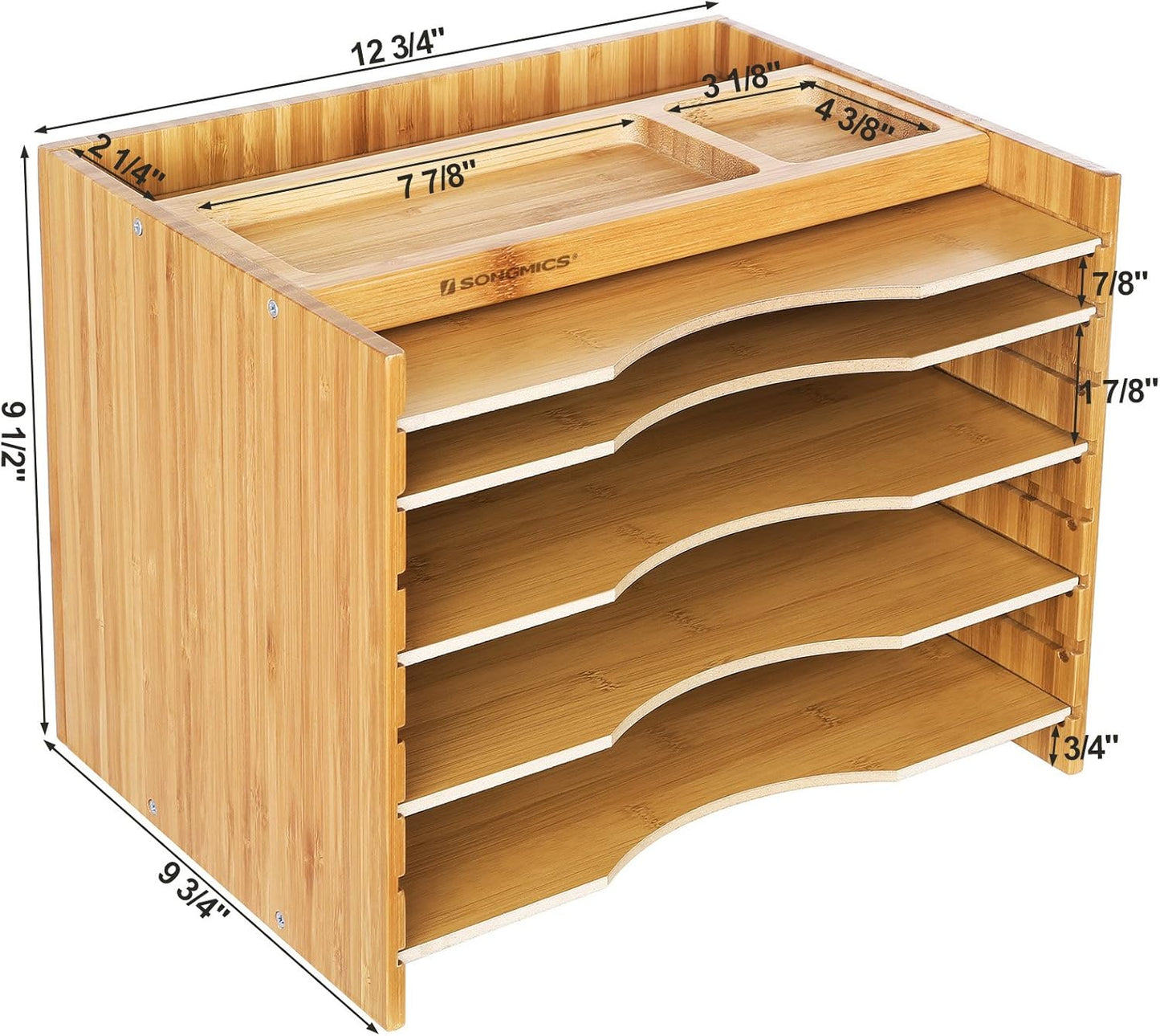 SONGMICS Bamboo File Organizer Paper Sorter with 5 Adjustable Shelves Top Storage Compartments Natural UOFS44Y