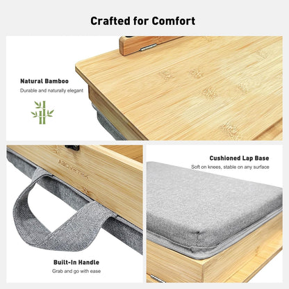 AboveTEK Book Stand for Reading with Storage, Adjustable Bamboo Book Holder with Soft Lap Cushion, Cookbook Stand, Hands-Free Book Reading Stand for Bed, Desktop & Kitchen Counter