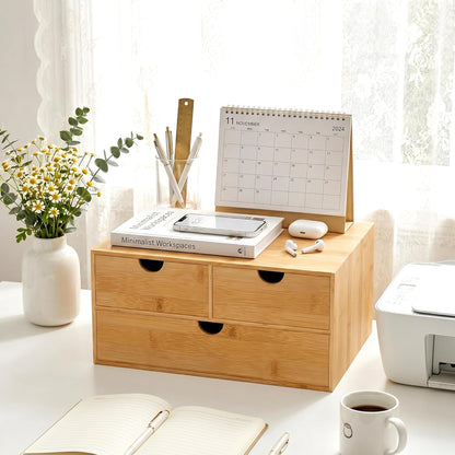 Desk Organizer with Drawers - Bamboo Desktop Organizer Storage | Wood Desk Drawers Organizer for Bills, Office Supplies, Cosmetics, Seals No Assembly Required (3 Drawer with Big Drawer)