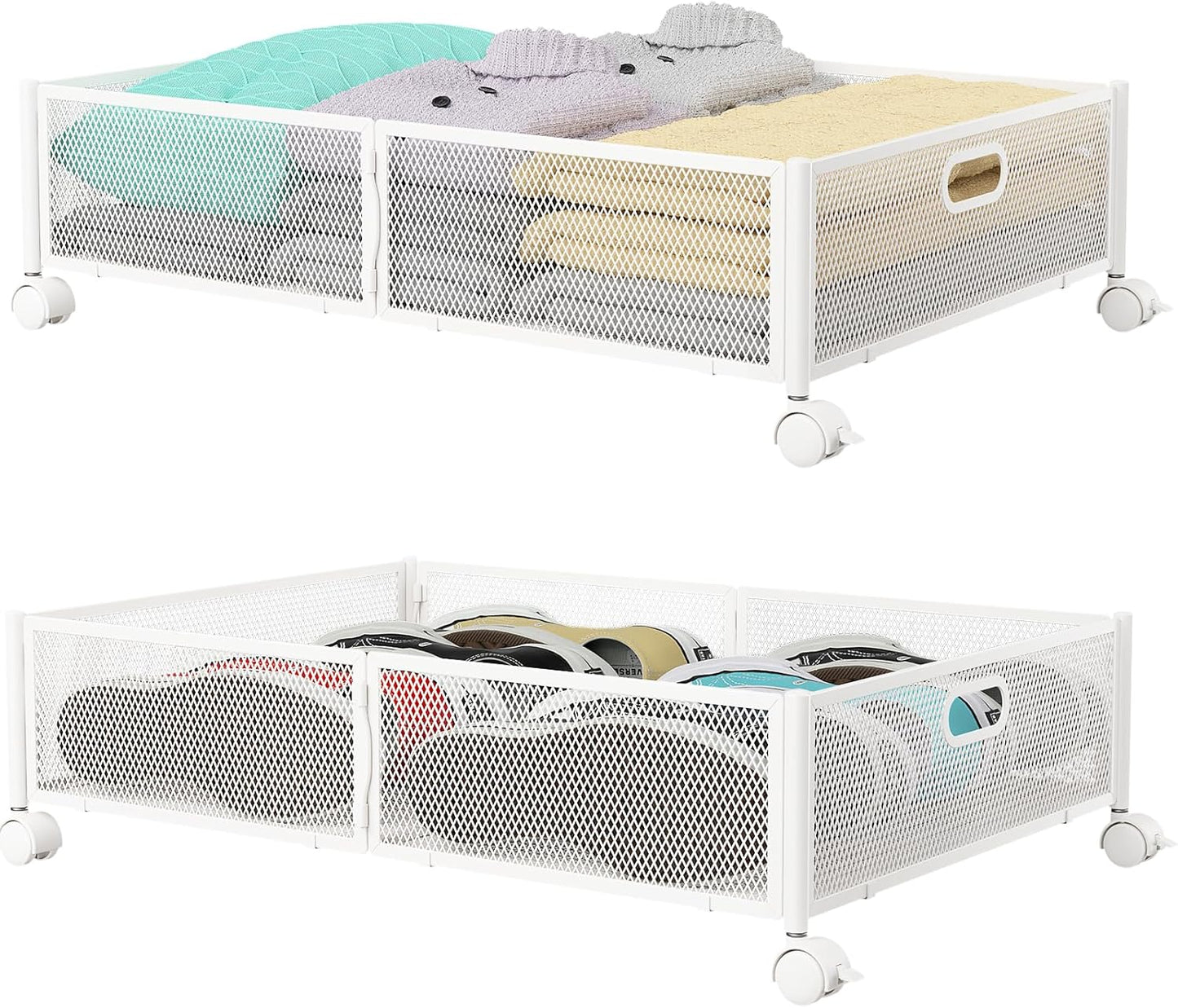 PHINOX Under Bed Storage Containers with Wheels, Under Bed Shoe Storage Organizer Drawer, Tool-free Assembly Metal Storage Containers for Bedroom Clothes Shoes Blankets -2PCK