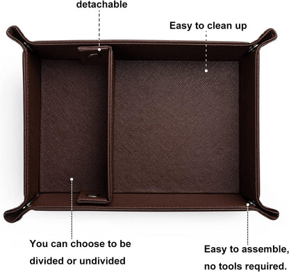 BONNY DODO Valet Tray for Men PU Leather Tray Organizer with Partition, Storage Keys, Watch & Practical Storage for Table Nightstand Living Room Bedroom (Dark Brown-Square)
