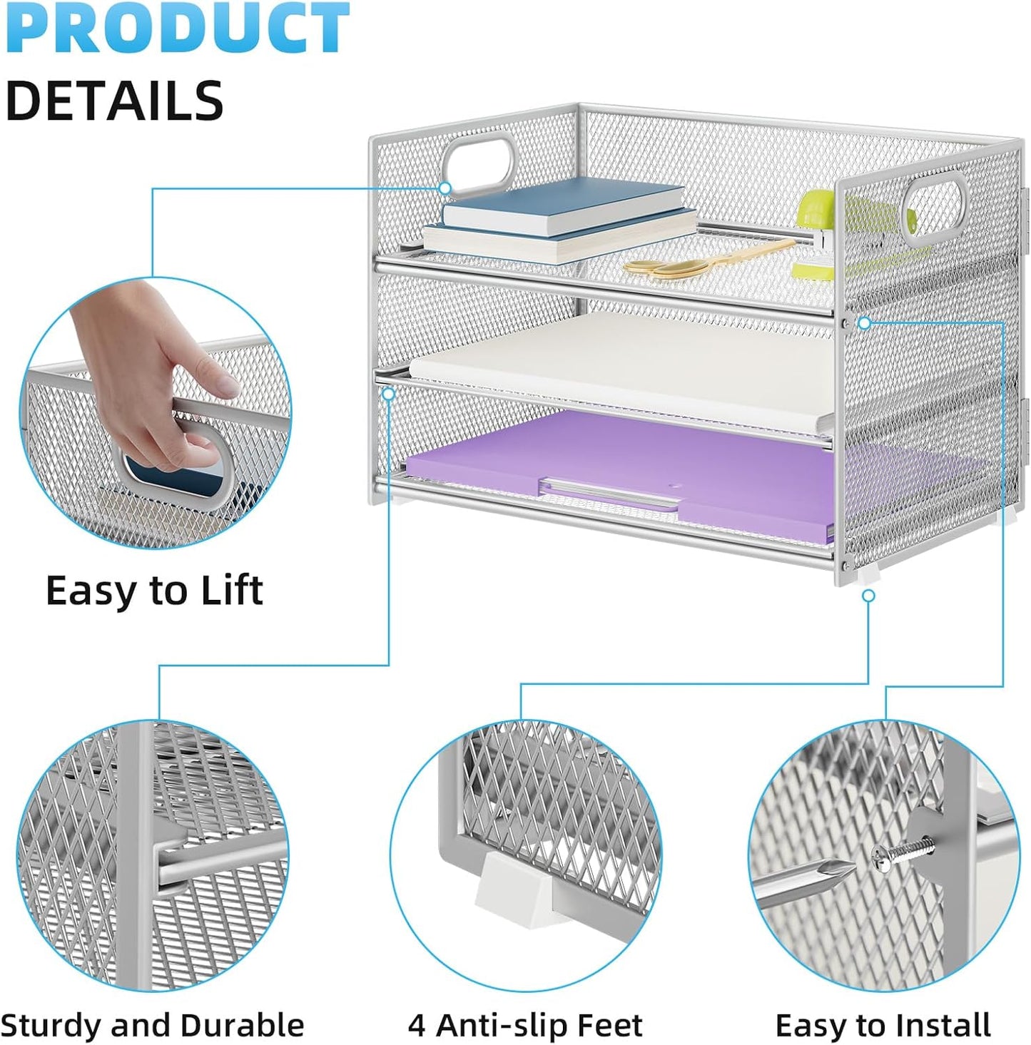 Marbrasse 3 Tier Paper Organizer Letter Tray, Mesh File Organizer with Handle, Paper Sorter Desk Organizer for Home Office Supplies