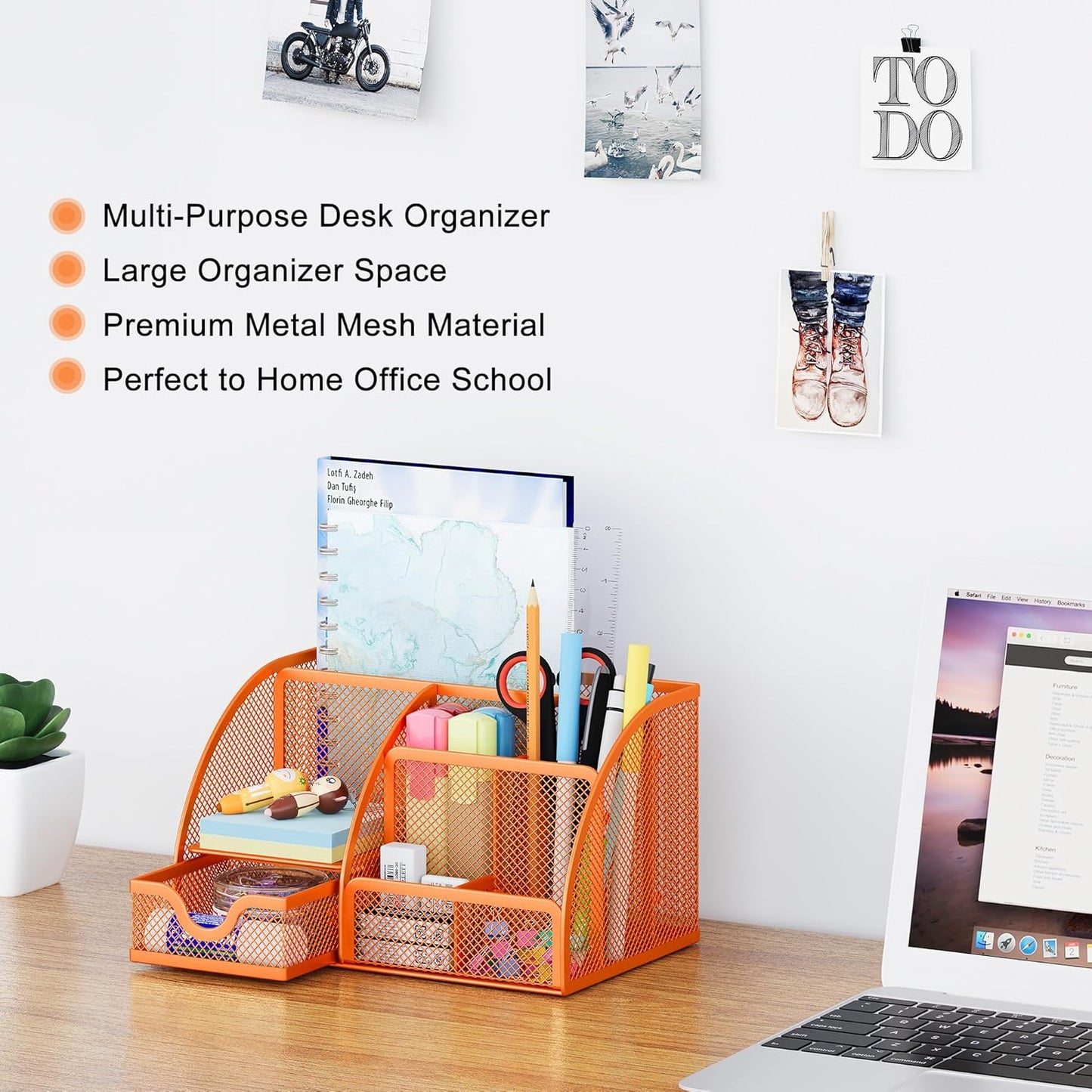 EasyPAG Mesh Desk Organizer with Drawer Multi-functional Pen Holder Stationery Organizer for Office School Supplies 6 Compartments Dorm Organizers and Storage for Desk, Black