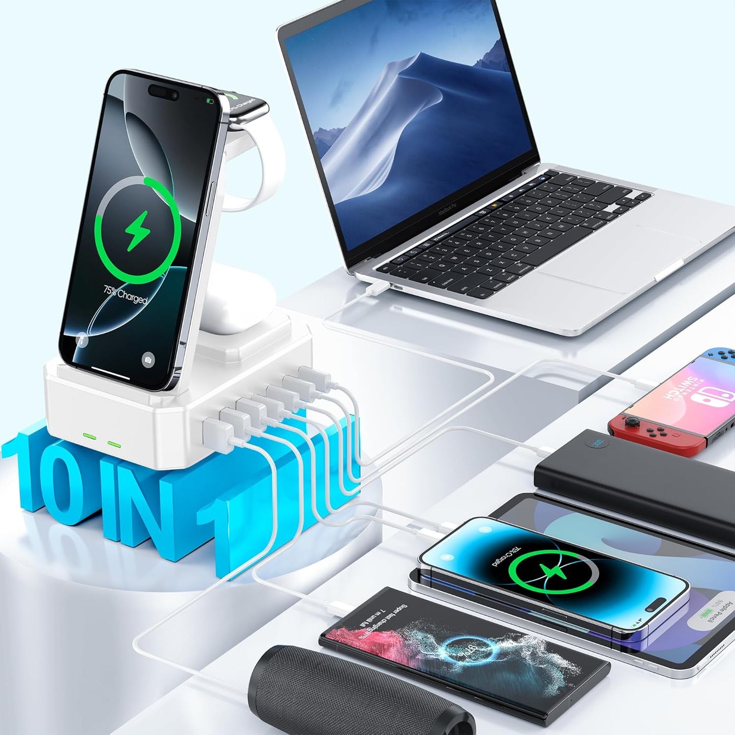 300W Charging Station for Multiple Devices Apple,10 in 1 Wireless Charger for iPhone,GaN III USB C 65W PD Fast Charging Stand Dock for MacBook,iWatch&Airpods (Wireless Charging Only for Apple)