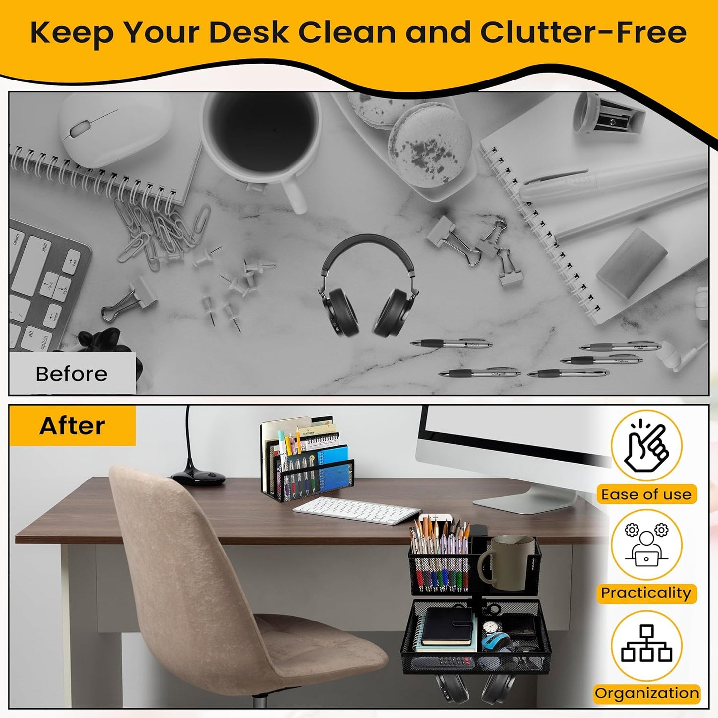 6-in-1 Clamp On Desk Organizer with Cup Holder & 360° Rotating Under Desk Drawer, Swappable Parts, Easy to Install Standing Desk Drawer Attachment, Space-Saving for Home & Office