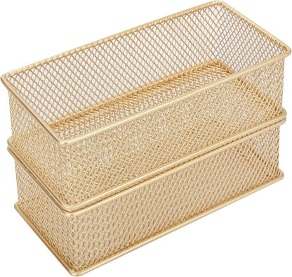 Annova Stackable Mesh Drawer Cabinet and Shelf Organizer Bins Storage Basket School Office Supply Holder Tray- Set of 2 (Gold, 3x3x2 Inch)