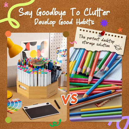 360° Rotating Art Supply Organizer, Holds 750+ Pencils, Bamboo Marker & Pen Holder with Handles, Desk Storage Caddy for Paint Brushes, Crayons, Ideal for Office, Home, Classroom