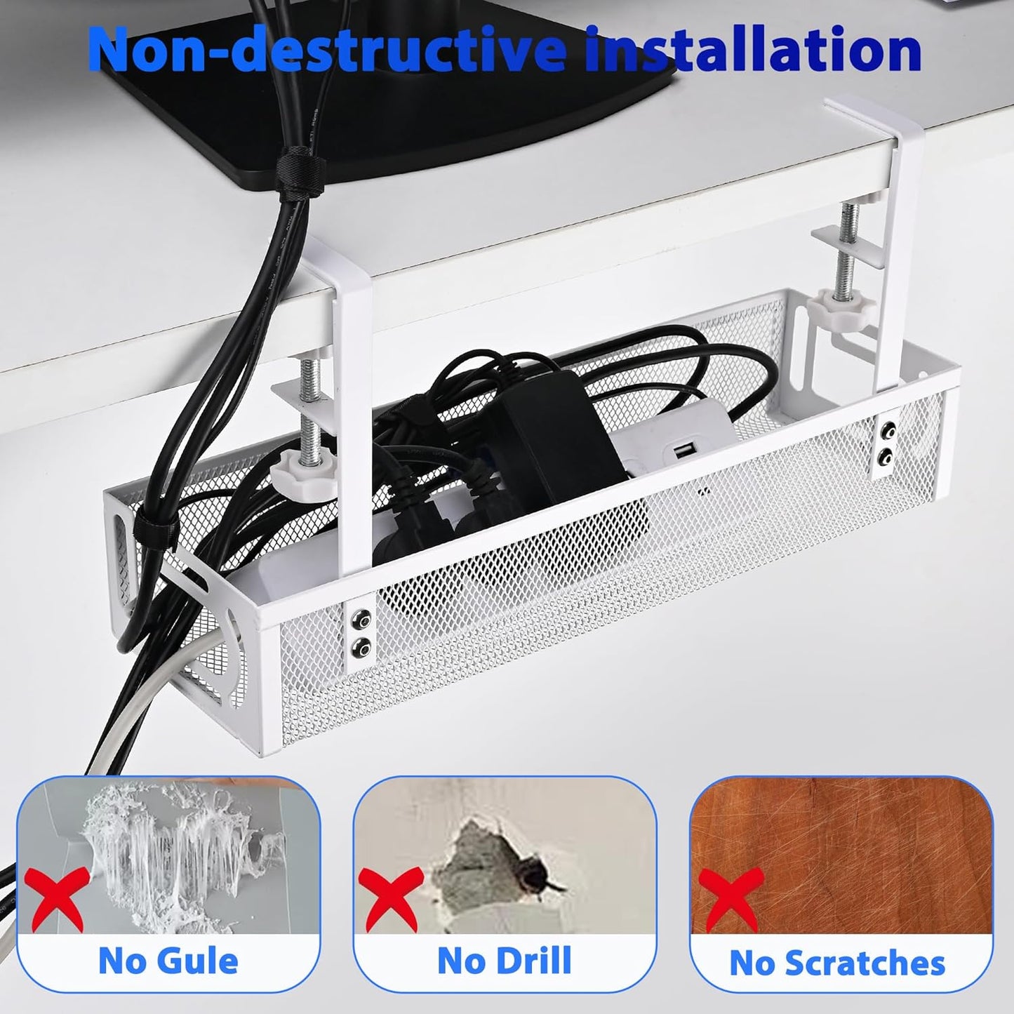 Under Desk Cable Management Box 25.3 Inch – Clamp-Mounted Cable Organizer Tray, Large Cord Management Box for Office & Home, Wire Organizer Under Desk Storage, White
