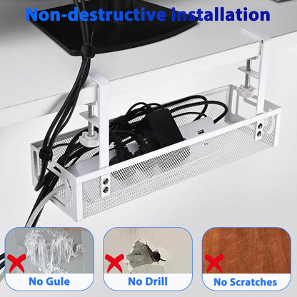 Under Desk Cable Management Box 25.3 Inch – Clamp-Mounted Cable Organizer Tray, Large Cord Management Box for Office & Home, Wire Organizer Under Desk Storage, White