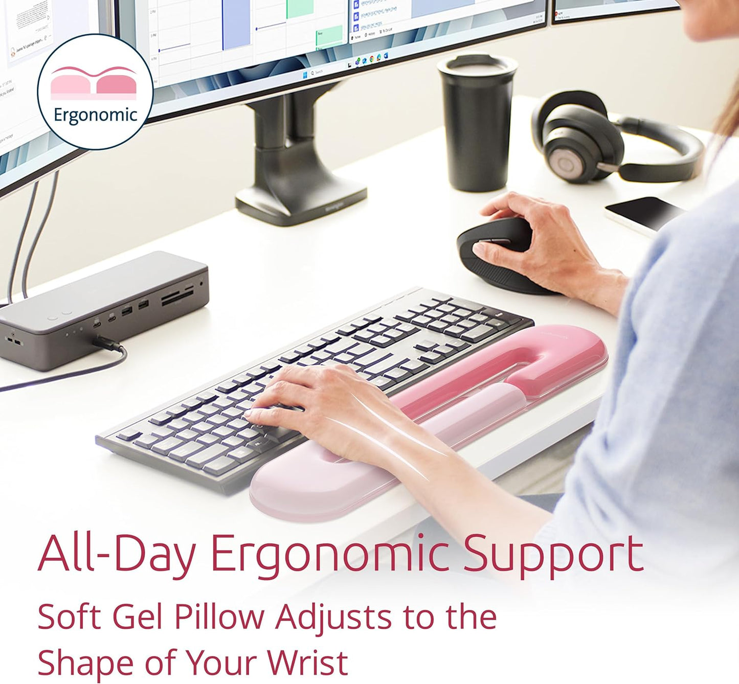 Kensington Duo Gel Loop Wrist Rest for Keyboard, Wrist Pad for Full Size Keyboard, Ergonomic Wrist Pad, Non-Skid Computer Pad with Wrist Support, Pink K62679WW, 17.7" x 3.7"x 0.9”