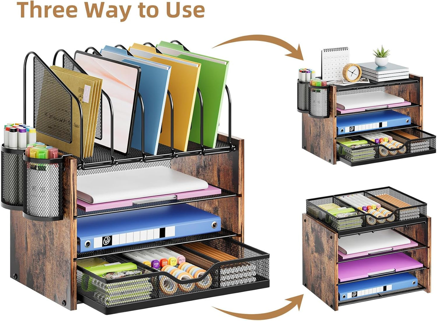 Marbrasse Desk Organizer with Drawer, 4-Tier Mesh File Organizer with 5 Vertical File Holders and 2 Pen Holders, Multifunction Desktop Organizer,Desk Organizers and Accessories for Home Office