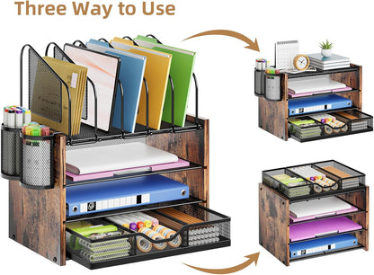 Marbrasse Desk Organizer with Drawer, 4-Tier Mesh File Organizer with 5 Vertical File Holders and 2 Pen Holders, Multifunction Desktop Organizer,Desk Organizers and Accessories for Home Office