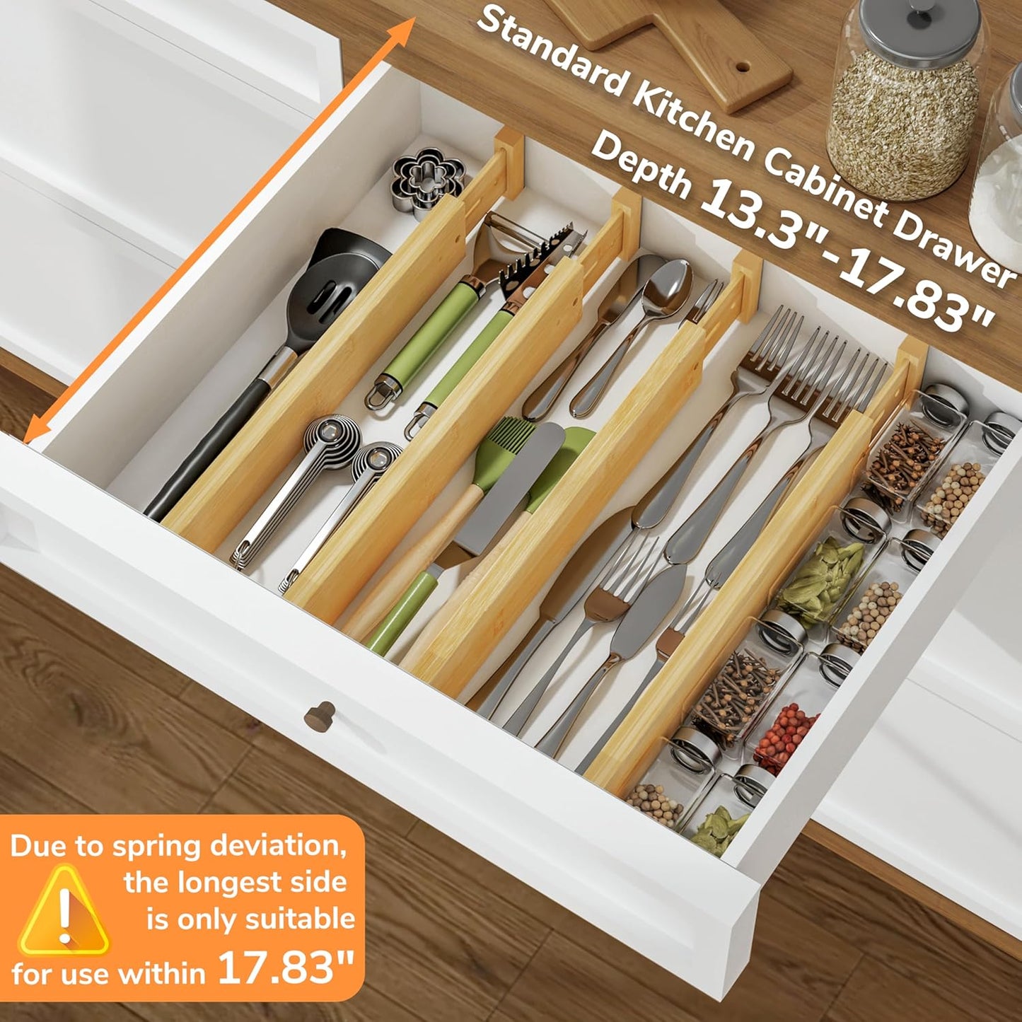 BAMEOS Drawer Dividers kitchen Organization Bamboo Utensil Organizers for Kitchen Bedroom Bathroom Dresser Office 4-pack