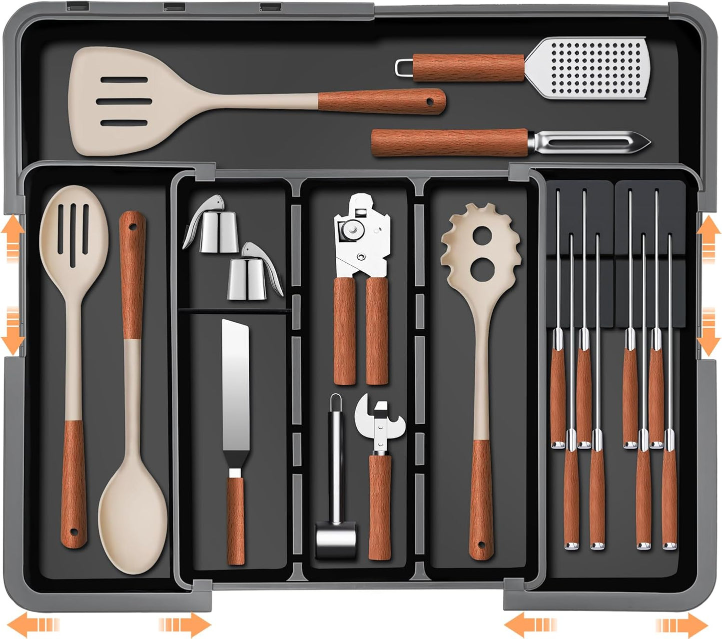 Homecor Large Utensil Organizer for Kitchen Drawer, Expandable Silverware Drawer Organizer Cooking Tray, Cutlery and Flatware Utensil Holder Kitchen Spatula Tools Storage with 3 Dividers, Grey