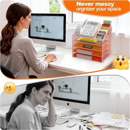 DocNest 4 Tier Metal Mesh Letter Tray - Space Saving Desk File Organizer with Handle, Pen Holder & Folder Holder - Desktop Document Sorter for Office, Home, School, Classroom - Black