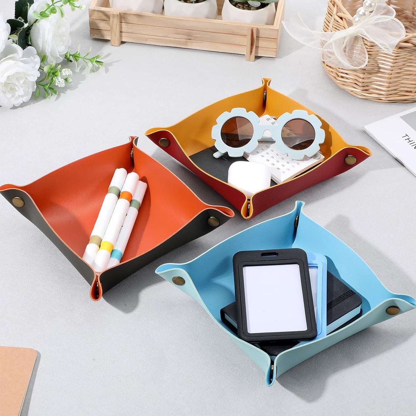 18 Pcs Leather Valet Trays, Two on Each Side Leather Tray Organizer with Snap Buttons, Foldable Key Tray for Entryway, Desk, Travel - 9 Colors (2 Each)