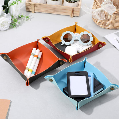 18 Pcs Leather Valet Trays, Two on Each Side Leather Tray Organizer with Snap Buttons, Foldable Key Tray for Entryway, Desk, Travel - 9 Colors (2 Each)