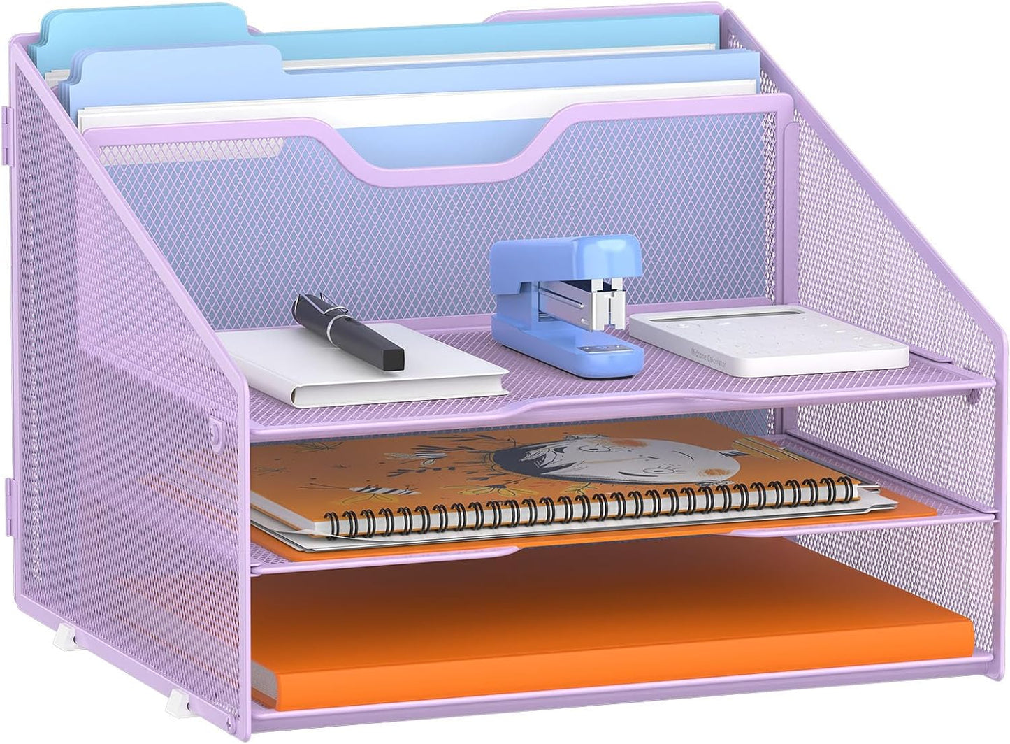 GAWERK Letter Tray Organizer, Mesh Desk File Organizer with 3 Paper Trays and 2 Vertical Upright Section, Blank