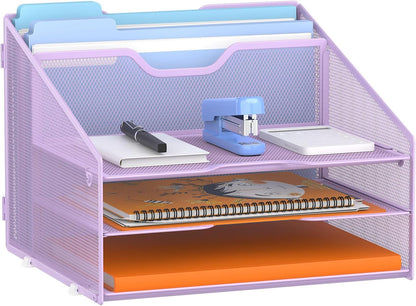 GAWERK Letter Tray Organizer, Mesh Desk File Organizer with 3 Paper Trays and 2 Vertical Upright Section, Blank