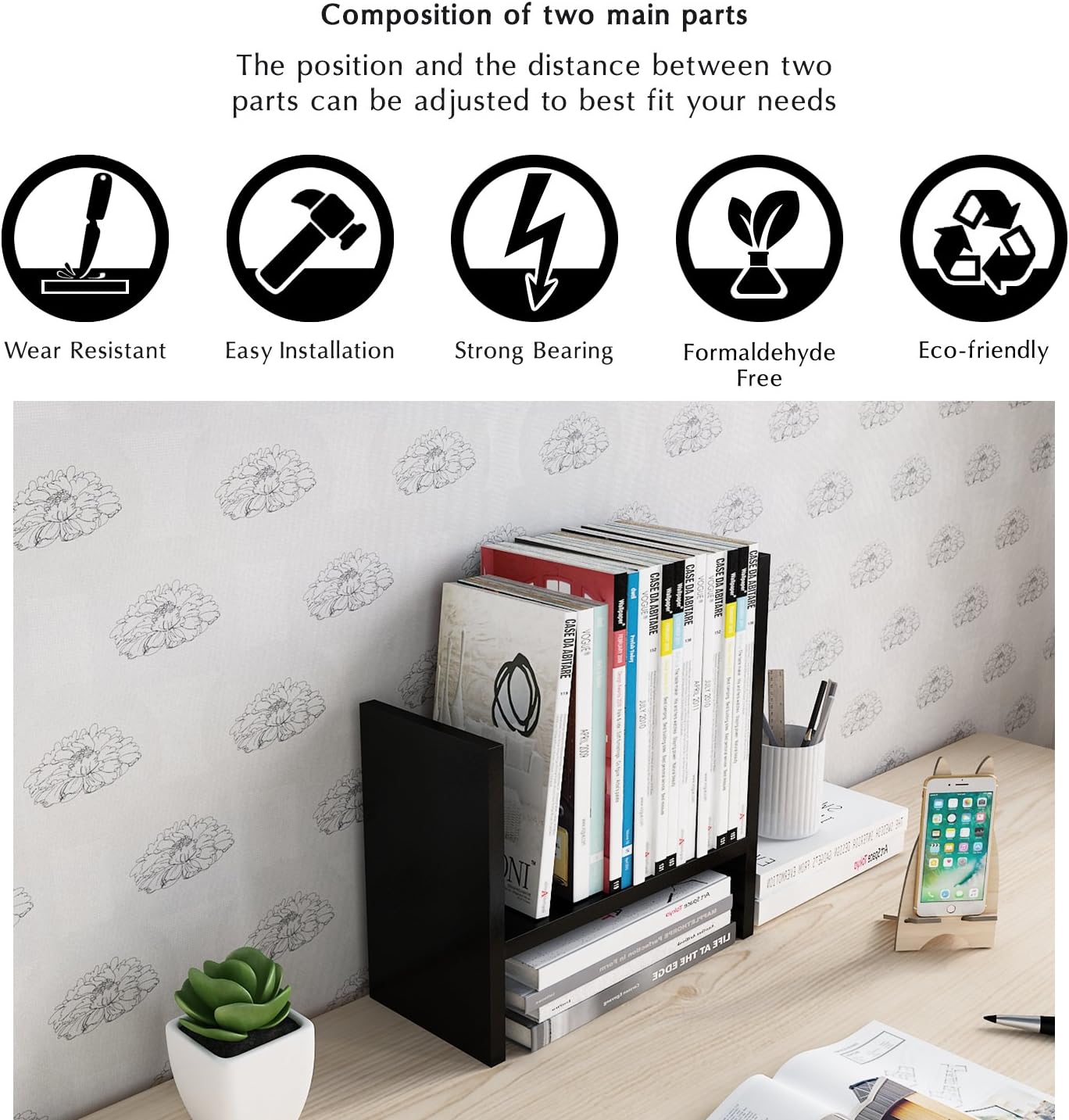 Jerry & Maggie Desktop Organizer Office Storage Rack Adjustable Wood Display Shelf Free Style Double H, Multi-Functional Mini Bookshelf for Desk Natural Stand (Natural Wood Tone)