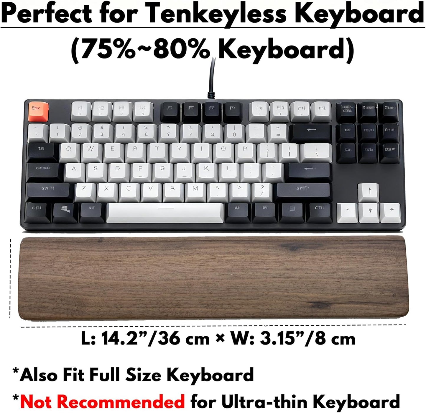 Walnut Wooden Wrist Rest Pad for 75% 80% TKL Keyboard, Ergonomic Solid Wood Hand Rest with Non-Slip Base, Stain Resistant Palm Support for Typing & Gaming (14.2“ L)
