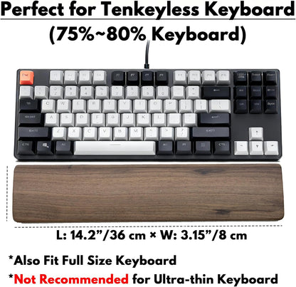 Walnut Wooden Wrist Rest Pad for 75% 80% TKL Keyboard, Ergonomic Solid Wood Hand Rest with Non-Slip Base, Stain Resistant Palm Support for Typing & Gaming (14.2“ L)