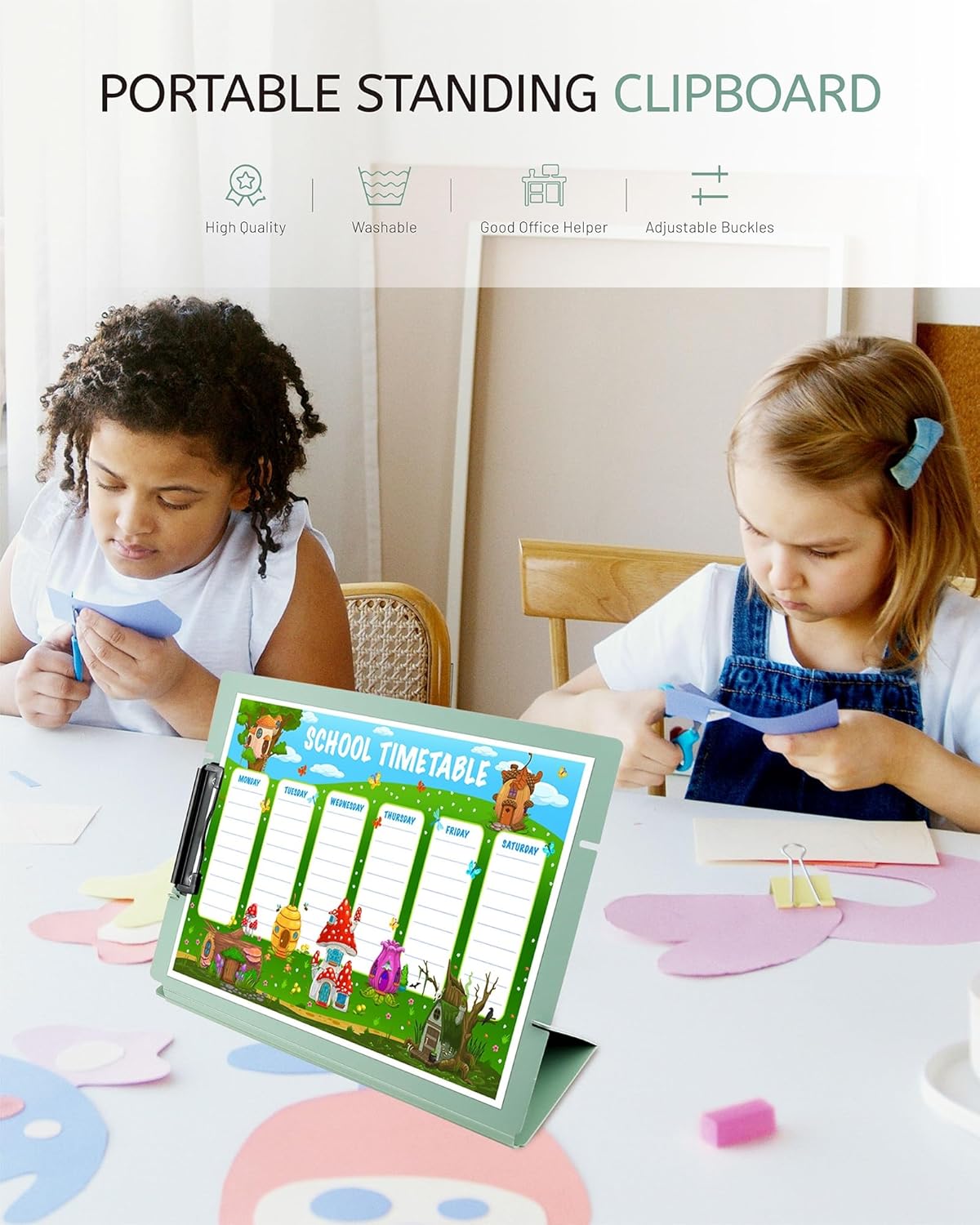 Free Standing Clipboard and Desktop Stand with Adjustable Buckles Easel Back - Foldable Stand and Document Holder for School, Office and Business Use (9.37 x 12.6 inches) (Light Green)