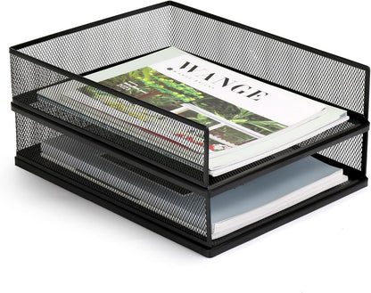 Wire Mesh Letter Trays Paper Tray Desk File Organizer, 2 Pack Stackable Metal Front-Load Documents Tray for Office Supplies File (Lengthways)