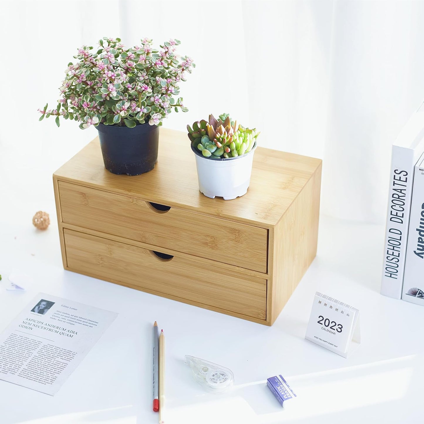 Charmewooden Bamboo Desk Organizer with 3 Drawers, Countertop Organizer with Drawers Makeup Storage Drawer 3 Drawers Tabletop Storage Organization Box Home Office Workspace