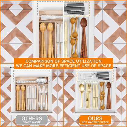 Clear Silverware Organizer for Kitchen Drawers,BPA Free Cutlery Drawer Organizer,6 Slots Plastic Utensils Organizer Suitable as In-Drawer Silverware Holder and Tray,Flatware,Knife,Fork,Spoon Organizer