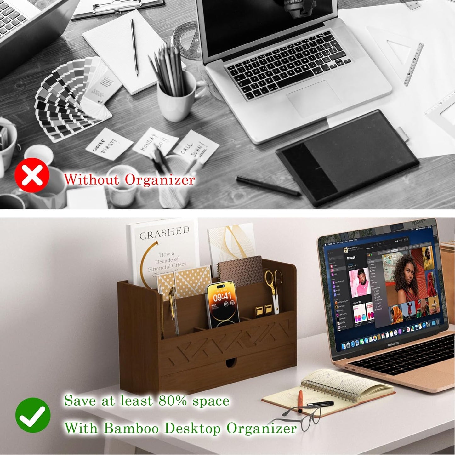 Bamboo Mail Organizer Countertop Desktop with Drawer - Desk Organizer with File Organizer for Office Supplies All-in-One Desk File Organization with Pencil Holder for Paper Letter Envelope Bill