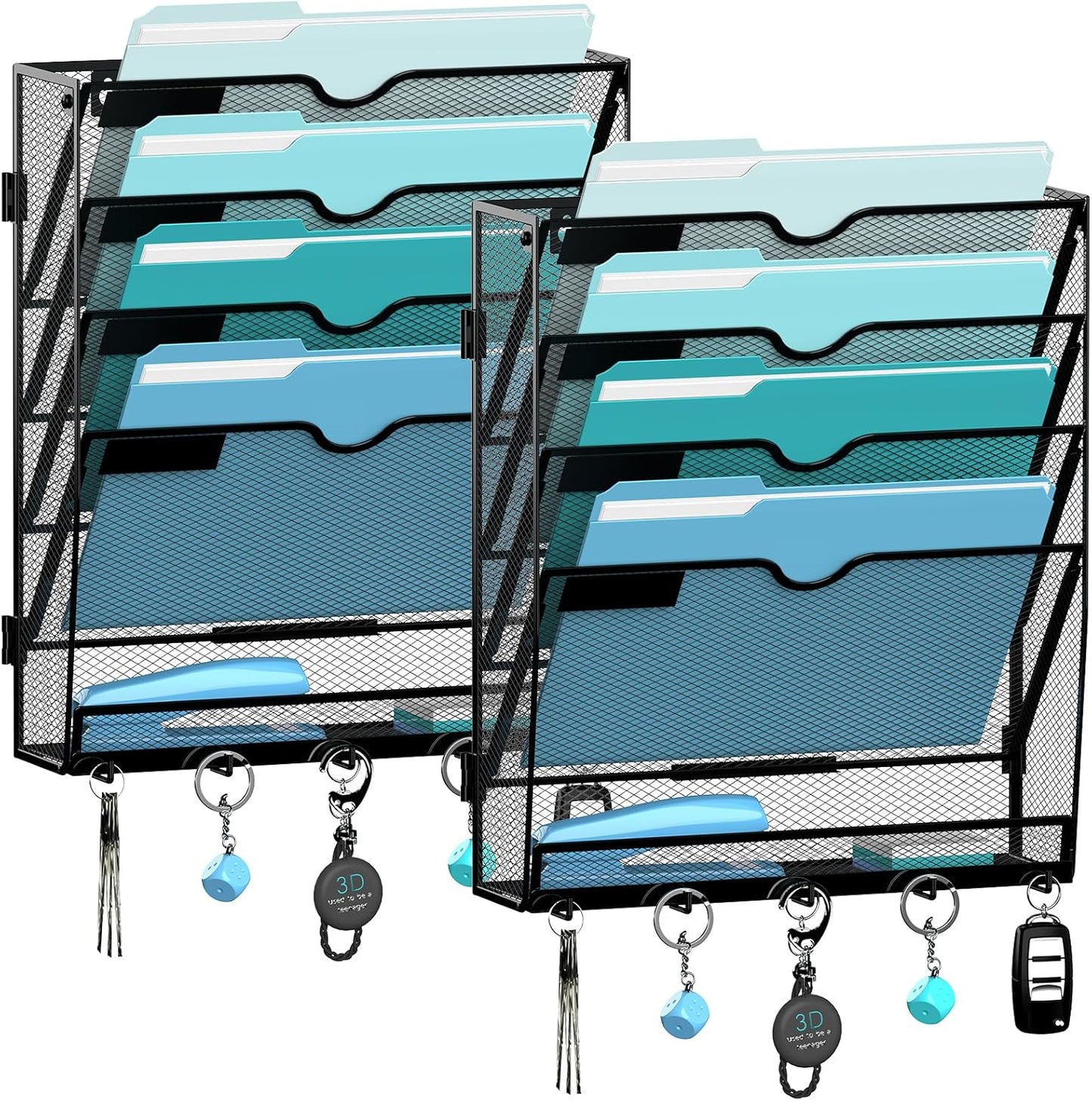 5 Tier Wall File Organizer - Hanging File Organizer with 5 Hooks, Mail Holder Wall Mounted for Papers, Folders, Magazines, Bills, Office&School Organization, Black