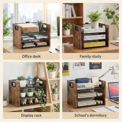 Wood Desk Organizer - 3-Tier Desktop File Organizer with Drawer, Wooden Paper Tray, Office Desk Organzier and Accessories for Papers, Mail, Notebooks, Stationery