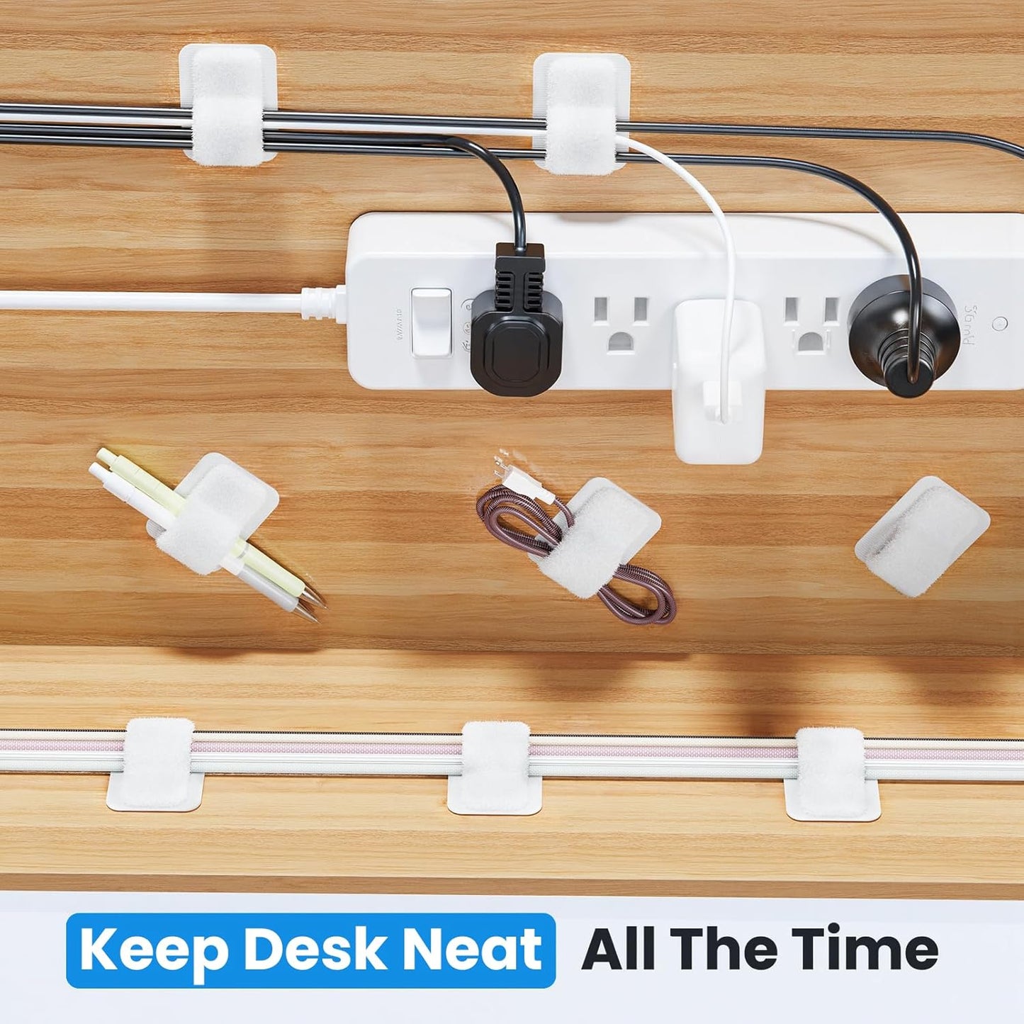 Cable Management Under Desk, 【Up to 15 Cord】【Enhanced Wire Holder】 Cord Organizer, Adjustable Hook and Loop Cable Ties, Home Office Essentials, Cable Hider Clips Under Table, 20 Pair