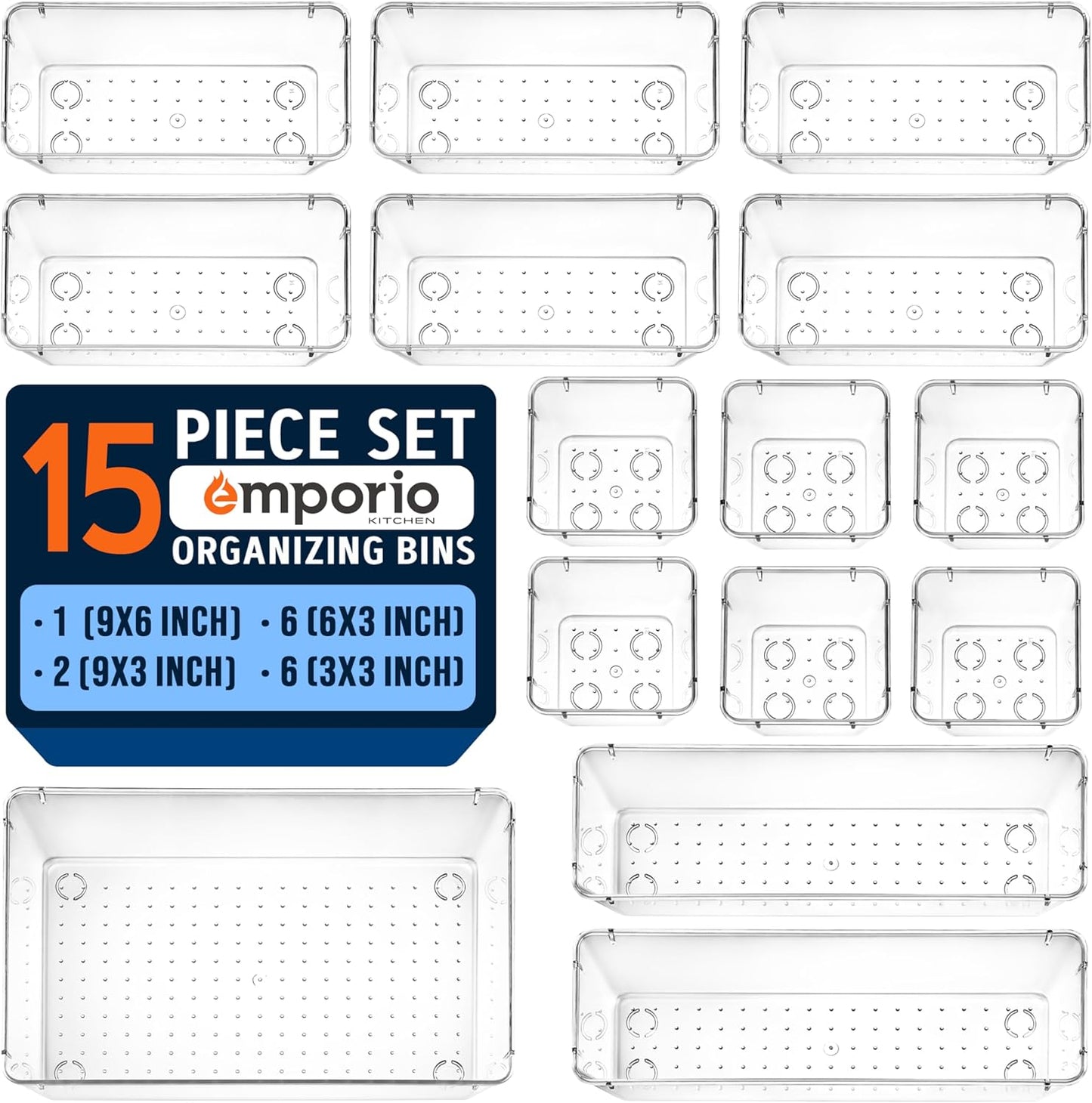 Emporio Kitchen Drawer Organizer Set - 37 Stackable Storage Trays for Makeup, Kitchen, and Office - Includes 3 9x6, 6 9x3, 14 6x3, 14 3x3 Bins