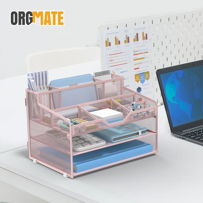 5 Tier Mesh Desk Organizer,Multi Functional Letter Paper Tray with 3 Pen Holders and 5 Adjustable Storage Compartments for Office Supplies Files and Mail Space Saving Desktop Organizer-Black