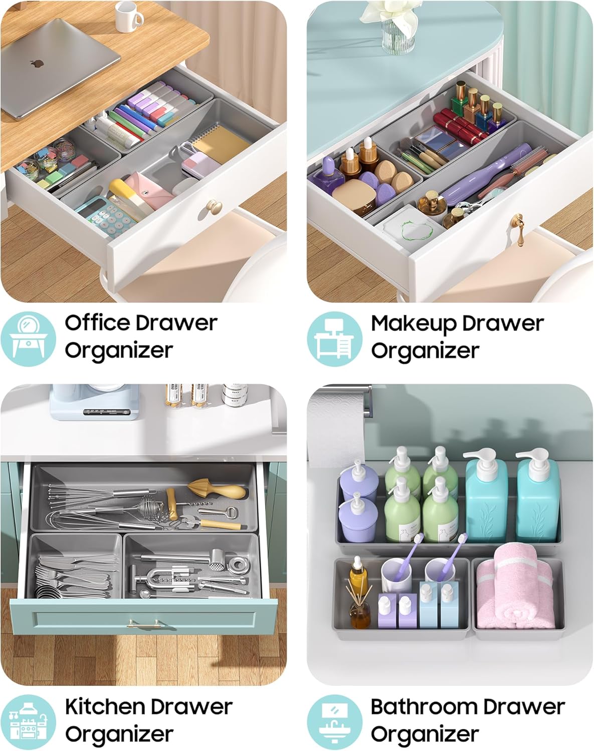 10 Pack Large Size Plastic Drawer Organizers Set, 3 Sizes Desk Drawer Organizer Trays, Storage Bins for Vanity, Makeup, Bathroom, Kitchen Utensils and Office (Black)