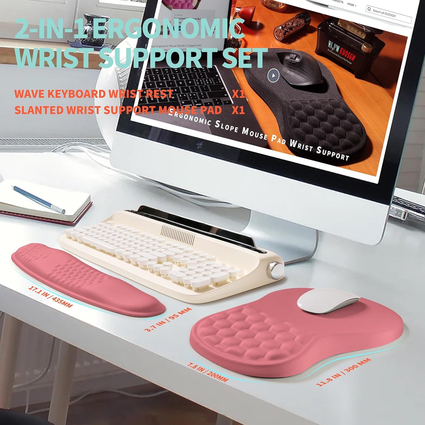 2-in-1 Ergonomic Set, Wave Rise Keyboard Wrist Rest and Massage Bulge Slope Mouse Pad Wrist Support, Cushion Memory Foam Integrated to Relieve Wrist Pain, Black