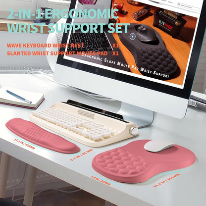 2-in-1 Ergonomic Set, Wave Rise Keyboard Wrist Rest and Massage Bulge Slope Mouse Pad Wrist Support, Cushion Memory Foam Integrated to Relieve Wrist Pain, Black