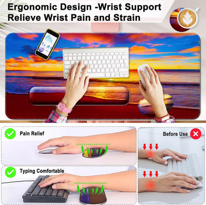Keyboard Wrist Rest + Mouse Pad with Wrist Support + Desk Mat + Coaster 4 in 1 Set, XXL Large Gaming Mousepad Cute Ergonomic Mouse Pads for Desk Computer Laptop Office Decor-Beach