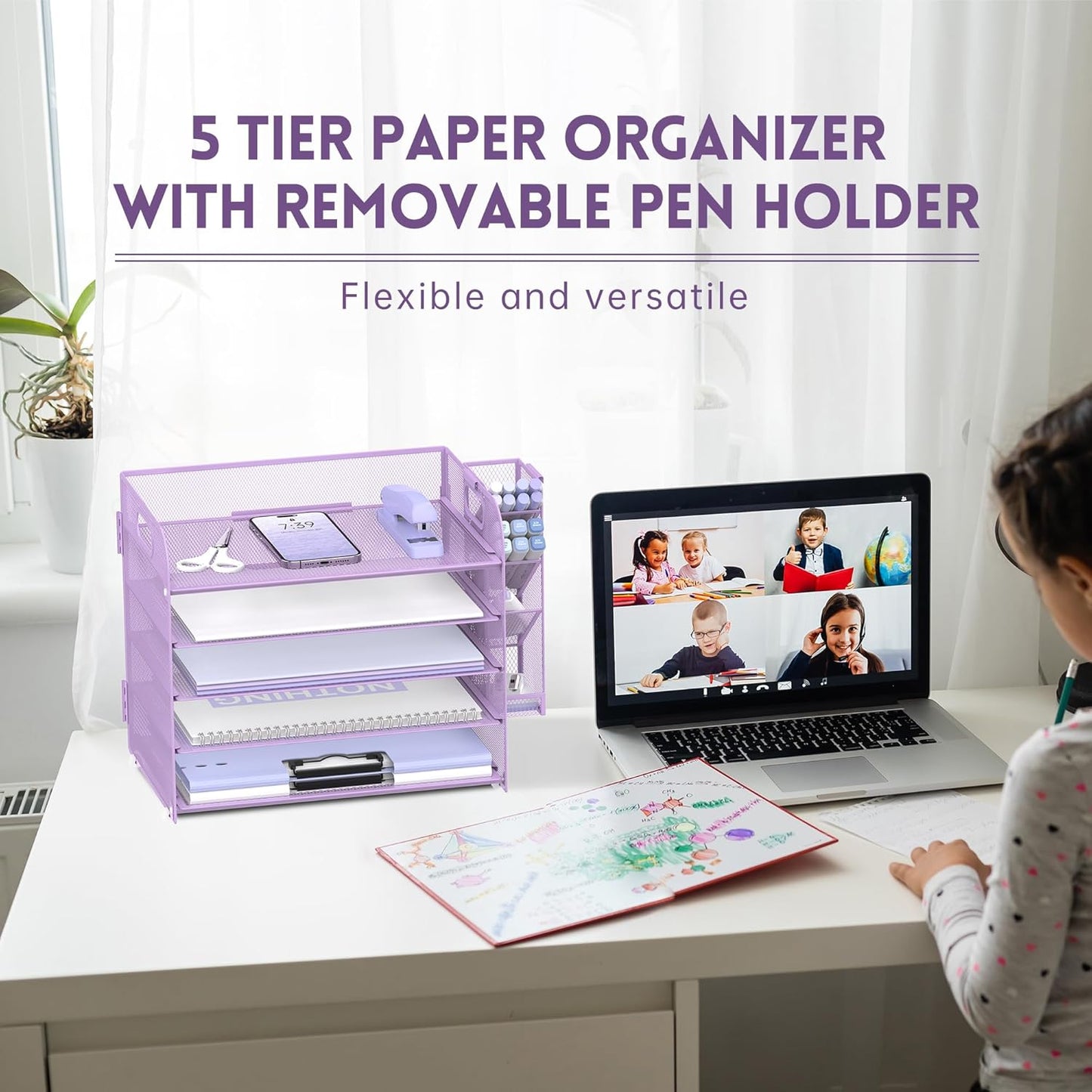 SUPEASY 5 Tier Desk Organizer with Handle & Removable Pen Holders, Mesh Paper/File Organizer for Desk, Paper Letter Tray Organizer for Office Supplies (Black)