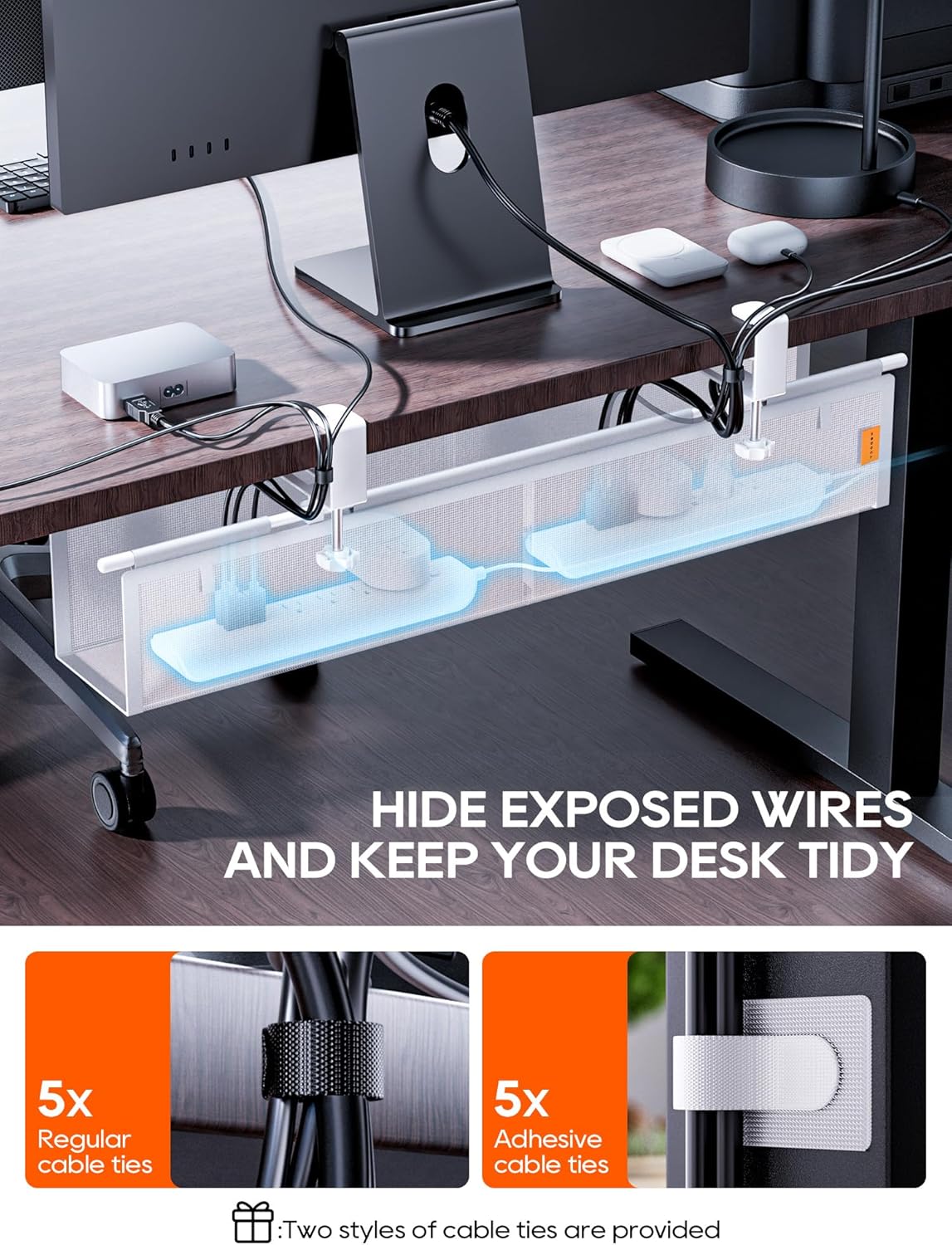 Under Desk Cable Management Tray No Drill, Cable Ties Included, Eco-Friendly Canvas Material, Mesh Design for Heat Dissipation, Cable Organizer/Storage for Standing Desk(27inch, Black)