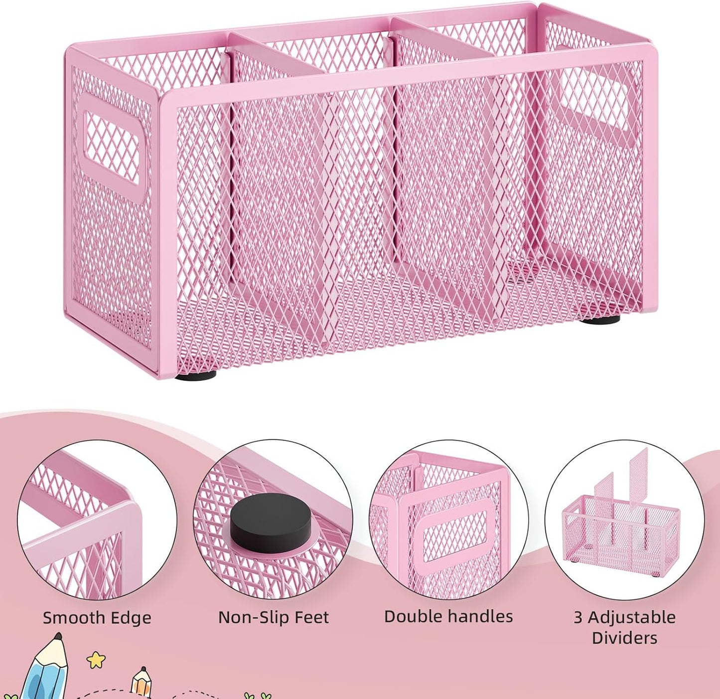 Marbrasse Mesh Pen Holder for Desk,Pencil Holder Desk Organizer 3 Adjustable Compartments,Pencil Cup with Handle Perfect for Classroom, Office, Home,Makeup,Art (Black)
