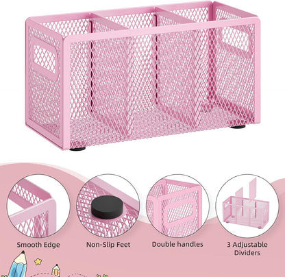 Marbrasse Mesh Pen Holder for Desk,Pencil Holder Desk Organizer 3 Adjustable Compartments,Pencil Cup with Handle Perfect for Classroom, Office, Home,Makeup,Art (Black)