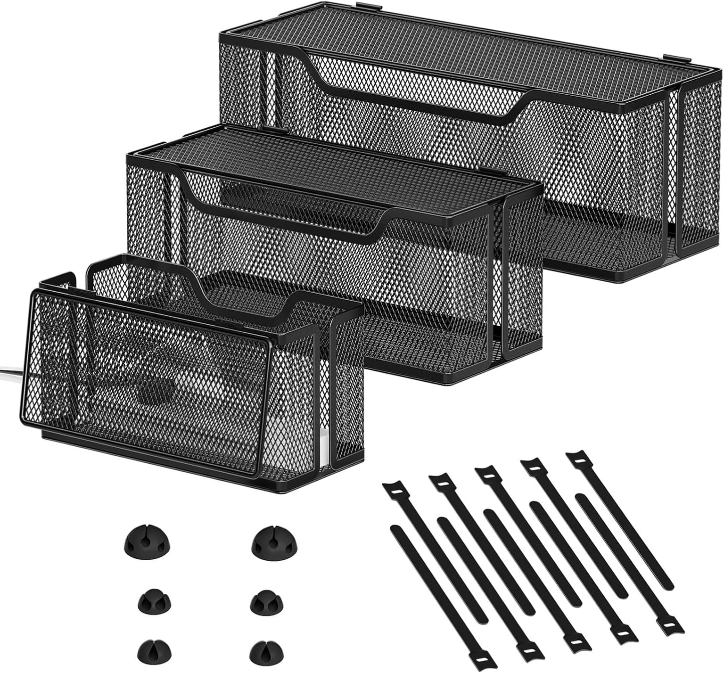 3 Pack Cable Management Box, Metal Mesh Cord Organizer Box for TV Wires, Electrical Hiding, Power Strip – Under Desk Cable Storage Box with Cable Clips&Reusable Cable Ties for HomeOffice - White