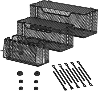 3 Pack Cable Management Box, Metal Mesh Cord Organizer Box for TV Wires, Electrical Hiding, Power Strip – Under Desk Cable Storage Box with Cable Clips&Reusable Cable Ties for HomeOffice - White