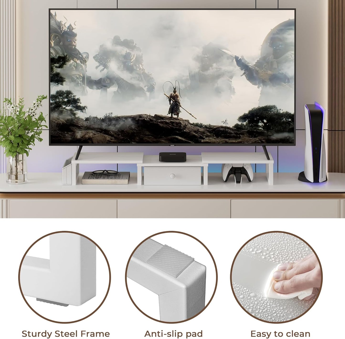 LAND·VOI Heavy Duty Dual Monitor Stand, Holds 2 Screens Up to 27 Inches, Adjustable Length and Angle Monitor Riser, Desk Organizer with Side Pockets and Drawers, Home Office Desk Storage, Rustic Brown