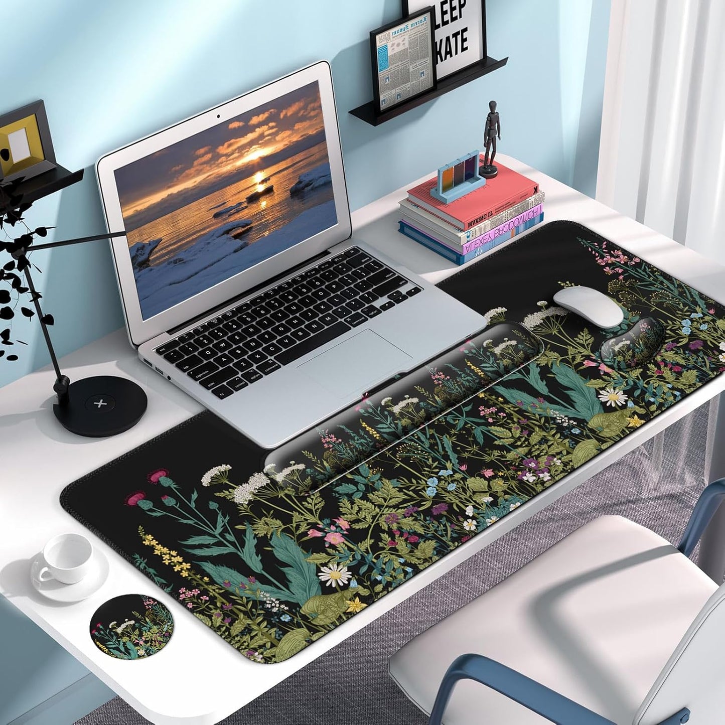 Keyboard Wrist Rest + Mouse Pad with Wrist Support + Desk Mat + Coaster 4 in 1 Set, XXL Large Gaming Mousepad Cute Ergonomic Mouse Pads for Desk Computer Laptop Office Decor-Beach